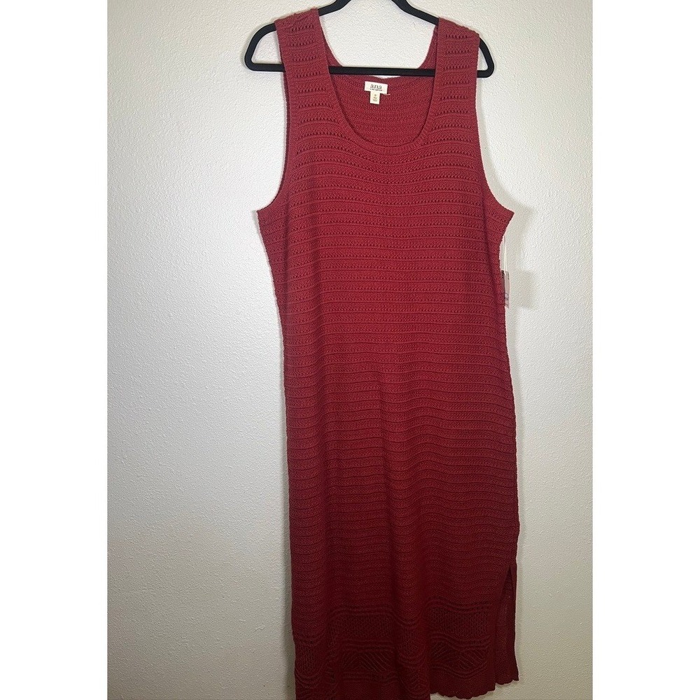 ANA Knit Midi Dress Sleeveless Crochet Side Slit 2X Derby Red Layering Lagenlook